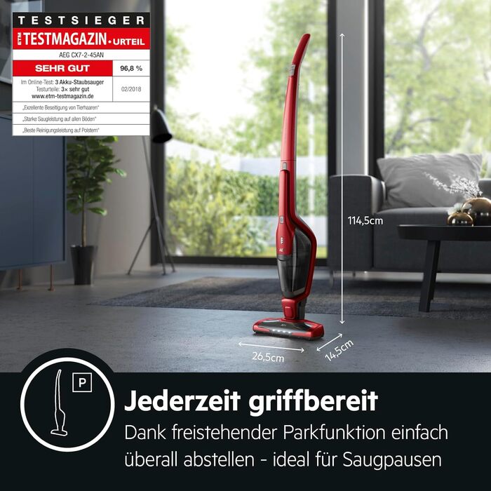 AEG Ergorapido CX7-2-45AN: Бездротовий пилосос 2-в-1, без мішка, з насадкою для шерсті тварин, 45 хв роботи, LED, червоний