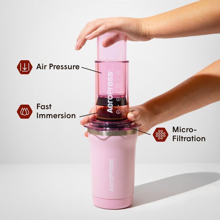 AeroPress Go Plus Рожева – портативна кавоварка 3-в-1 для подорожей і кемпінгу, французький прес, пуровер, еспресо, насичена кава без гіркоти, комплект для приготування кави