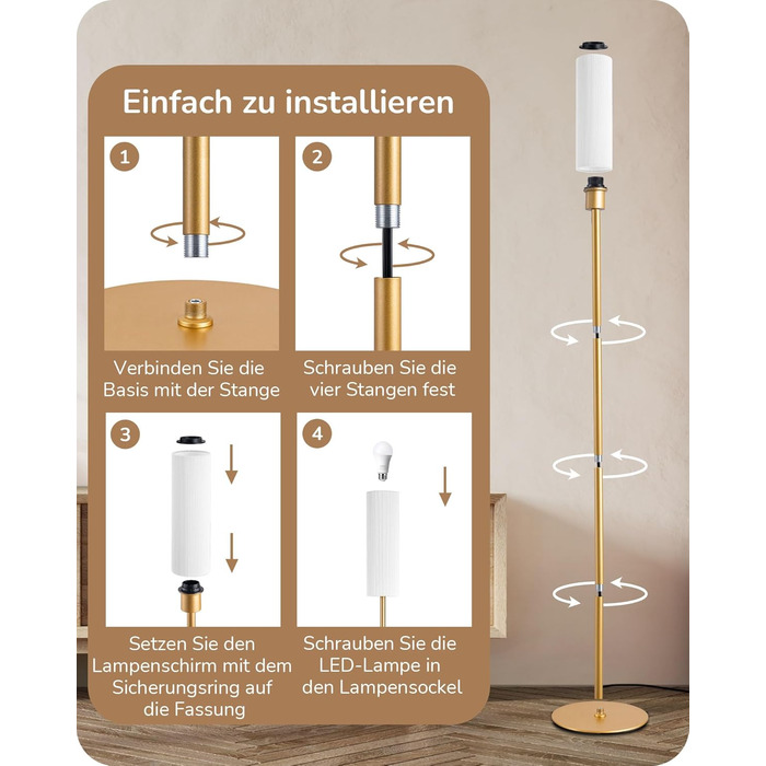 LED торшер Edishine для вітальні та спальні, 165 см, з пультом, диммування, 3 колірні температури (3000K-6000K), золото, E27