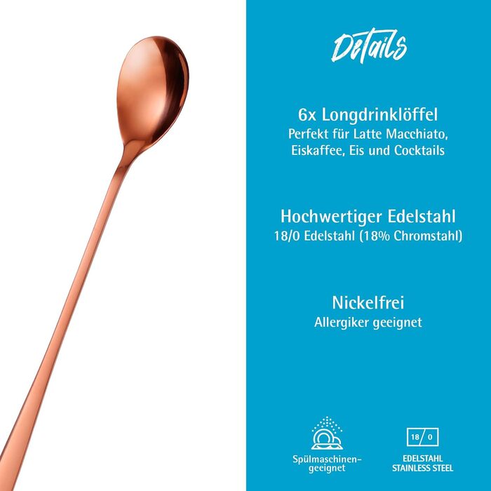 Ложка для кави, десертів та айс-ті з нержавіючої сталі GRÄWE, довга, червоне золото, для миття в посудомийній машині