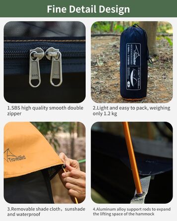 Гамак для кемпінгу 4-в-1 з москітною сіткою та знімним сонцезахистом, 290x140 см, для відпочинку на природі, пікніків, походов та подорожей. Армійний зелений та помаранчевий кольори.