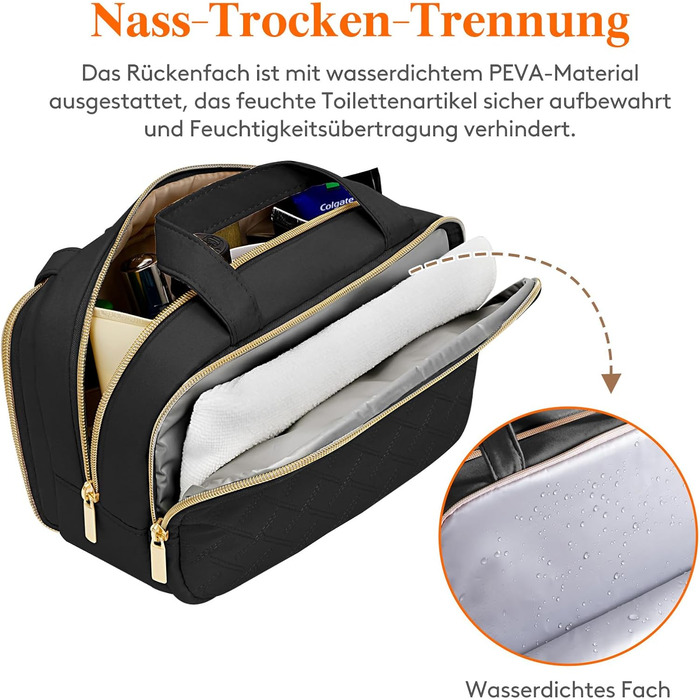 Жіноча дорожня косметичка Lifewit 5L, водовідштовхувальна косметичка з відділенням для мокрого одягу, органайзер для макіяжу, аксесуарів, шампуню та туалетних речей, чорна, M