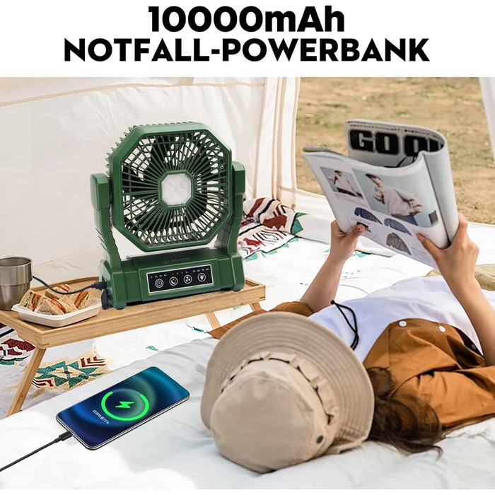 Портативний кемпінговий вентилятор з акумулятором 10000mAh, LED-підсвіткою та пультом керування, безшумний вентилятор для намету, автодома та відкритих просторів (Зелений)