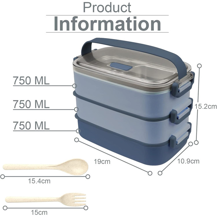 Ланчбокс Brotdose 3-ярусний для дорослих, 2200 мл, бенто-бокс з посудом, 3 відділення, BPA Free, для мікрохвильової печі, бежевий, 19.5 x 11.2 x 15 см