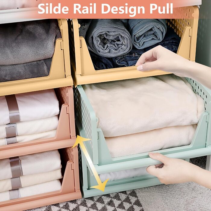 Diealles Stackable Drawer Boxes, 4 Pack Closet Organizer Pull Out, Plastic Drawer Insert Closet, Foldable Closet Drawers for Clothes Closet Pantry(White) (8 Pack Color)