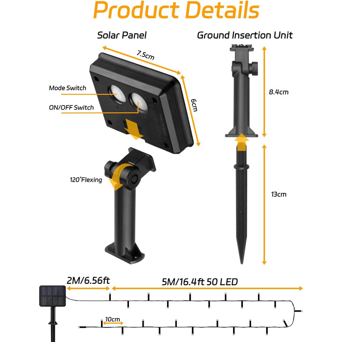 Сонячна гірлянда для зовнішнього використання, 120 LED, холодне біле світло, 8 режимів, для саду, двору, тераси, весільної декорації (5м, тепле біле світло)
