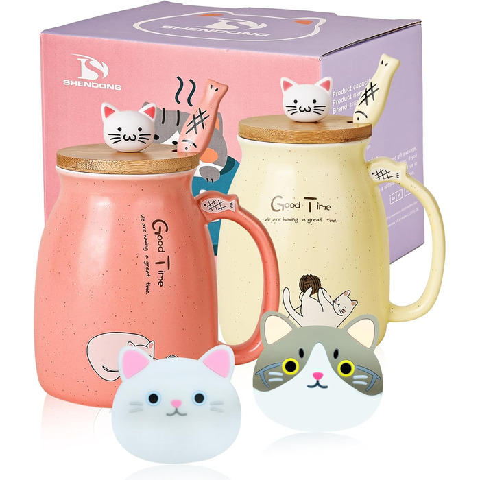 SHENDONG 2-Pack Cat Cups Cute Ceramic Coffee Mugs Set of 2 with Bamboo Lid and Spoon Novelty Morning Cup Coffee-Milk Tea Cups 3D Animal Cat Cups for Cat Lovers Gifts