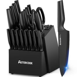 Набір кухонних ножів Astercook (21 предмет) з підставкою та вбудованим точилом, німецька нержавіюча сталь, чорний колір, придатні для посудомийки