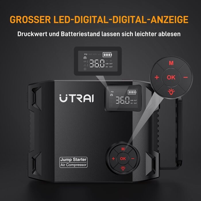 UTRAI 7000A Powerbank для запуску авто: 27000mAh, компресор, LED ліхтарик 1600 лм, QC3.0, 160W DC, для бензинових та дизельних двигунів (12L)
