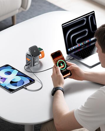 Зарядний пристрій Toocki 80W GaN з USB-C та USB-A, 6 портів, з вбудованим кабелем та MagSafe для MacBook, iPhone 17 Pro Max, Galaxy S24 та інших пристроїв