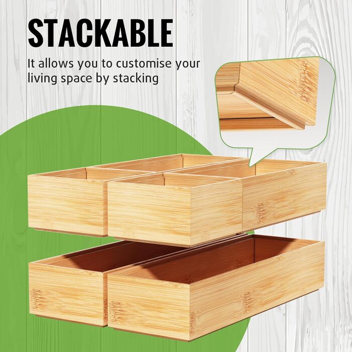 Rainsworth Drawer Organizer 5cm Height, Bamboo Box Stackable, Cosmetic Vanity Makeup Bathroom Organizer Box, 6 Piece Kitchen Drawer Organization System, Christmas Gifts Storage Box