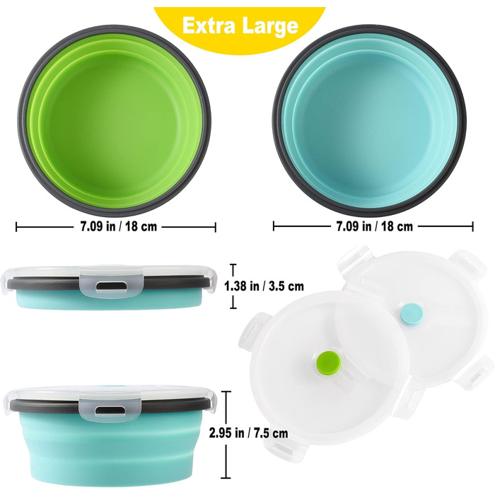 Складані миски для собак з силікону для корму та води, для подорожей, з кришкою, портативні, розширювані, для домашніх тварин, для прогулянок, кемпінгу, 2 шт. Великий розмір, блакитний / зелений