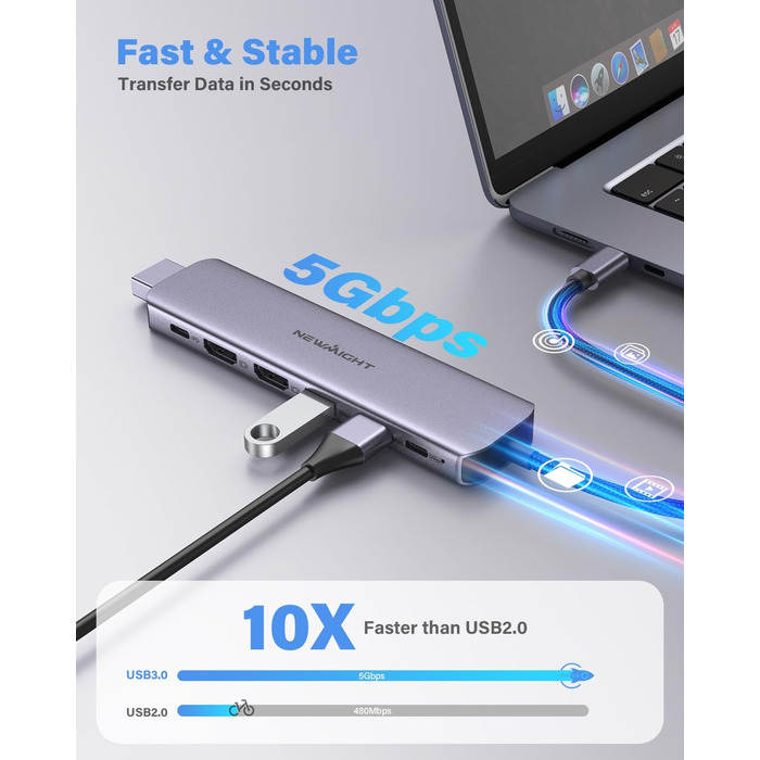 Док-станція Newmight 7-в-1 USB-C з двома HDMI, 3 USB 3.0, 100W PD, для Dell, HP, iPhone 15 Series