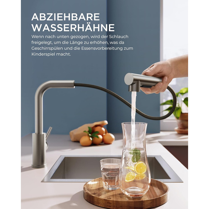 Змішувач кухонний FORIOUS висувний з душем, шланговий, нержавіюча сталь, 360° обертання, 2 режими, L-подібний