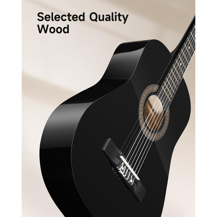 Акустична гітара Moukey для початківців, дітей, підлітків та дорослих, 38 дюймів, чорна, комплект з аксесуарами