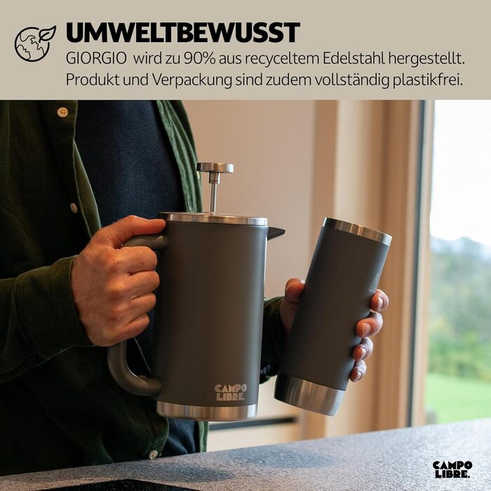 Campo Libre.® Giorgio. French Press Coffee Maker made of double-walled stainless steel 0.6l | plastic-free coffee press with thermal function incl. replacement filter | coffee maker | 100% recycled stainless steel 600ml Deep Grey