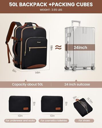 Рюкзак LOVEVOOK для ручної поклажі в літак, 40L, великий, для жінок, валіза-рюкзак, водонепроникний, для 17-дюймового ноутбука, рюкзак для подорожей, бізнесу, ділових поїздок, туризму, відпочинку на вихідних (L, темно-синій+чорний)