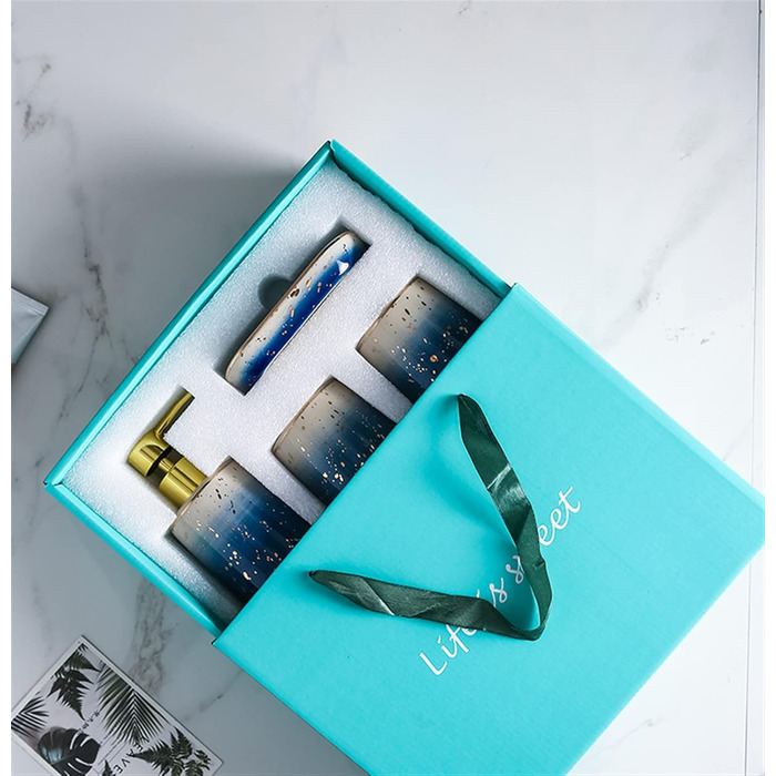 Набір аксесуарів для ванної кімнати GIBZ: мильниця, тримач для зубних щіток, дозатор мила, стаканчик. Кераміка, блакитний колір