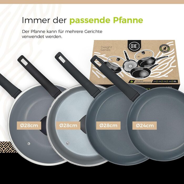 Набір сковорідок Be Living Delight 4 шт. (20/24/28 см + Вок 28 см з кришкою), антипригарне покриття з кераміки, для індукційних плит, без PTFE та PFOA, чорний