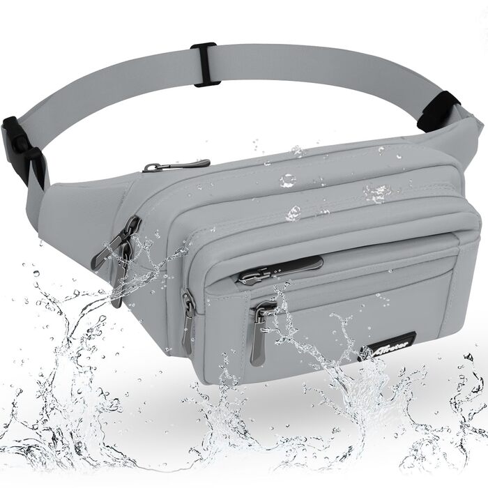 Чоловіча/жіноча поясна сумка-бананка з дощовиком, сіра. Виготовлена з нейлону, 5 відділень на блискавці, для подорожей, спорту, прогулянок з собакою