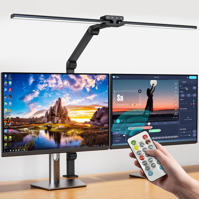 LED лампа для столу KableRika 24W з двома головками, регульована яскравість, з пульт дистанційного керування, захист очей, для офісу та дому, чорна