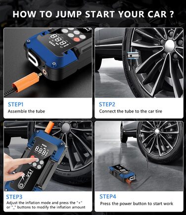 Powerbank Starthilfe 150PSI: портативний стартер для авто з компресором, 26800mAh, LED-ліхтар, LCD-дисплей