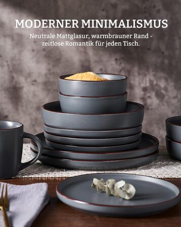 Набір посуду Mercury, 12 предметів: тарілки, супові миски, десертні тарілки, для 4 осіб, з каменю, мікрохвильова піч та посудомийна машина, сірий колір