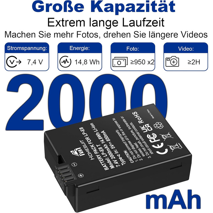 Акумулятор LP-E8 1800mAh Homesuit + LED зарядний пристрій для Canon EOS Rebel T2i T3i T4i T5i 600D 650D 700D Kiss X4 X5 X6 X6i X7i (2 шт. акумулятори + 1 зарядний пристрій)