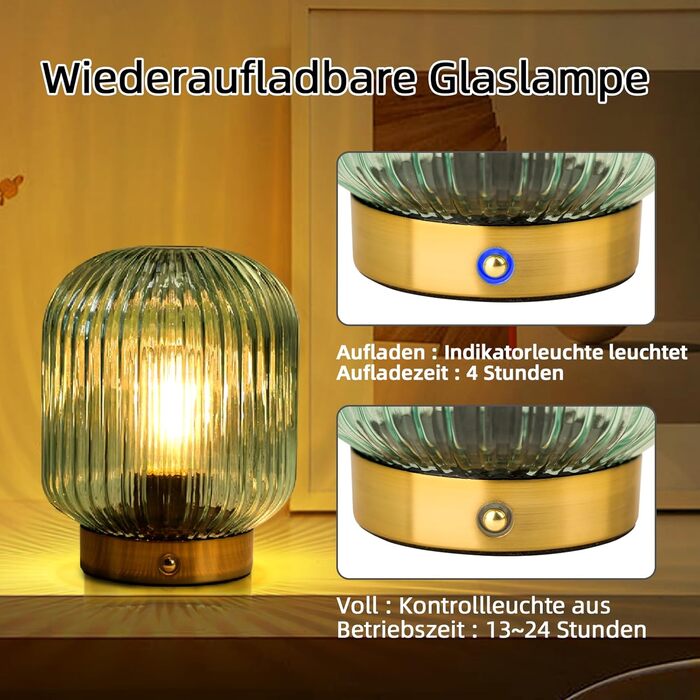 LED настільна лампа MJ PREMIER: акумуляторна, з сенсорним керуванням, регулювання яскравості, скло, USB зарядка, аварійна, зелена