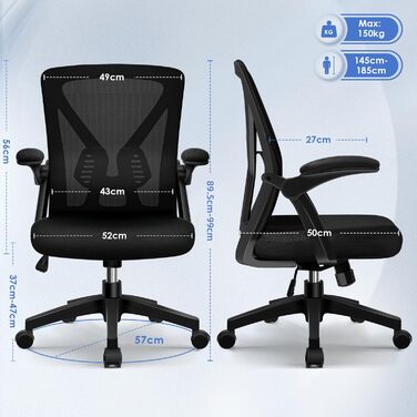 Офісне крісло Hinode з підйомними підлокітниками та функцією гойдання, 360° обертання, регульована висота, ергономічне крісло для дому та офісу з дихаючою сіткою, до 150 кг (Чорний, Стиль 4)