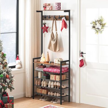 HOOBRO Coat Rack, 5-Tier Shoe Shelf, Wardrobe, Clothes Rack with 5 Removable Hooks, Top Shelf, Entryway, Living Room, Vintage Brown-Black EBF74MT01