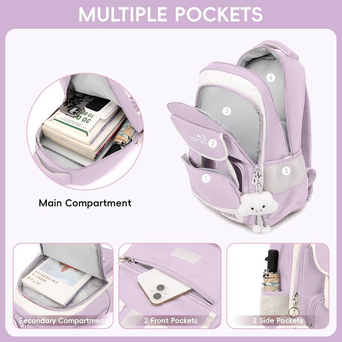 Шкільний рюкзак для дівчаток-підлітків: легкий, водонепроникний, з милим брелоком. Підходить для 3-5 класів та старшої школи. Великий рюкзак фіолетового кольору