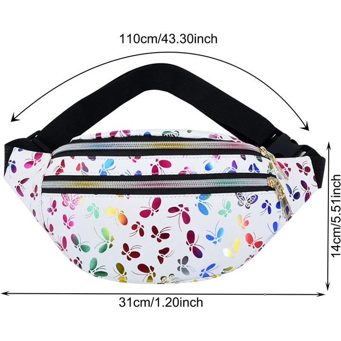 Металева поясна сумка AYNKH з регульованим ремінцем, три відділення, водонепроникна фанна-пак для відпочинку, спорту, подорожей (Білий метелик)
