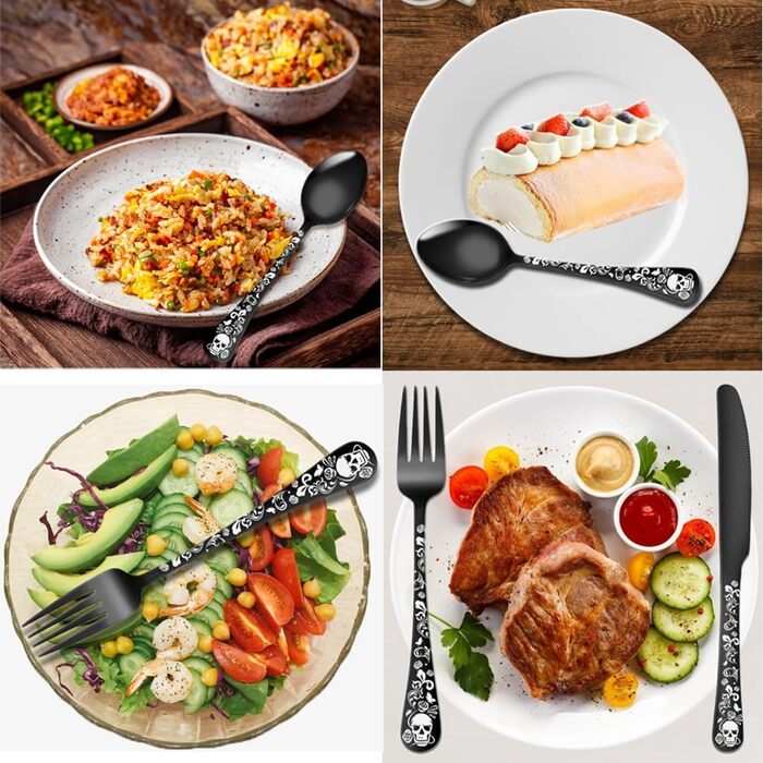 Набір столових приборів Xiaoyu Готичний (20 шт) для 4 осіб: Черепи, квіти, чорний колір - ідеально для Хелловіну