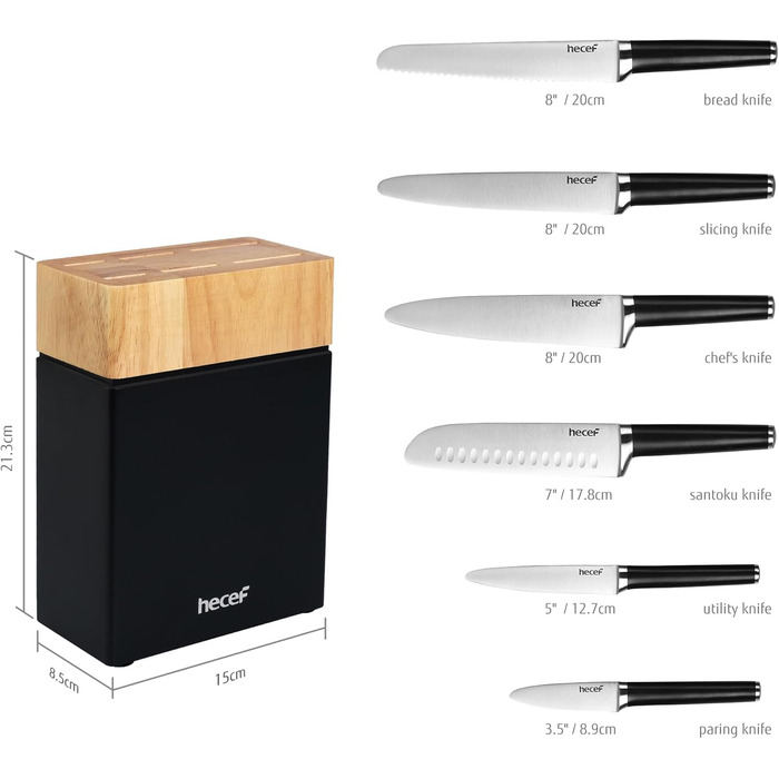 Набір ножів Hecef з підставкою 7 предметів, чорний – кухонні ножі з кованого нержавіючого сталевого леза, повний ергономічний руків'я з подвійним болстером, ергономічний дизайн, нагорода Red Dot Design Award, економія місця, ідеальний подарунок для кухні