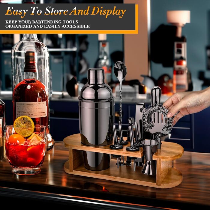 Cocktail Shaker Set with Stand, 12-Piece Premium Cocktail Set with All Essential Bar Tools, Gifts for Women Men Cocktail Lovers, Professional Bar Set Cocktail Accessories (Black)