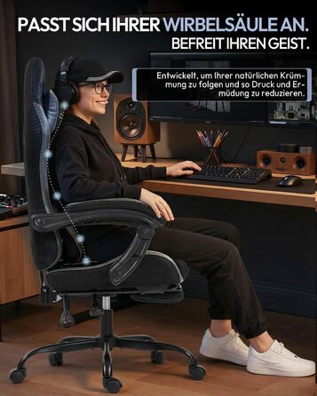 Геймерське крісло Nexthra Ergonomisch з підставкою для ніг, до 180 кг, чорне. Регульована спинка 150°, для геймінгу та офісу