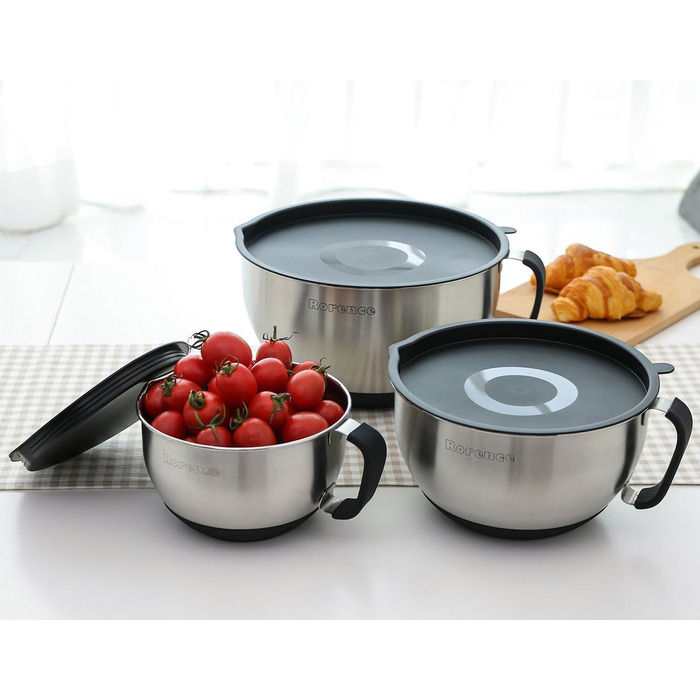 Rorence Stainless Steel Mixing Bowls with Pour Spout, Handle, and Lid, Set of 3, Black