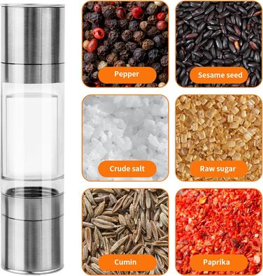 Мельниця для солі та перцю з керамічним жорном, сталеве маточне колесо, регулювання помелу, скло та нержавіюча сталь