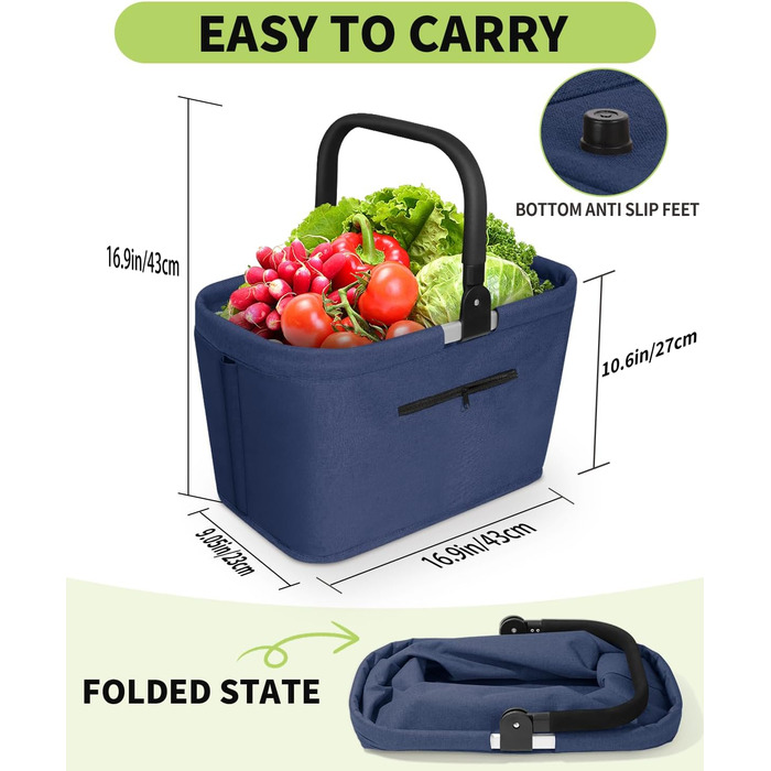Складаний кошик для покупок на 35L з 2 стійкими ручками, сімейний, з алюмінієвим ручним захопленням, водовідштовхуючий, для пікніків, подорожей, кемпінгу та покупок - (Блакитний, 25L (43x27x23cm))
