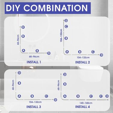 Регульована штанга для душу L-Form, нержавіюча сталь, 68–96 см × 68–96 см, водовідштовхувальна, з 12 кільцями, комплект гвинтів, 90 градусів