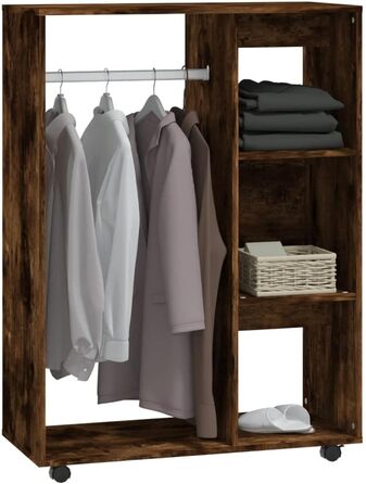 vidaXL Wardrobe with Open Shelf, 3 Side Shelves, Wheels, Coat Rack, Wardrobe, Bedroom, White, 80x40x110cm, Wood-Based Material (Smoked Oak)