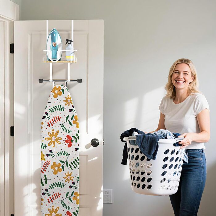 Настінна кріплення для прасувальної дошки з кошиком для зберігання та гачками (білий)