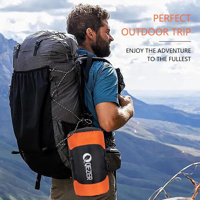 QEZER Ultralight Down Sleeping Bag - 8°C to -3°C for Camping, Hiking, and Trekking - 3 Season Sleeping Bag