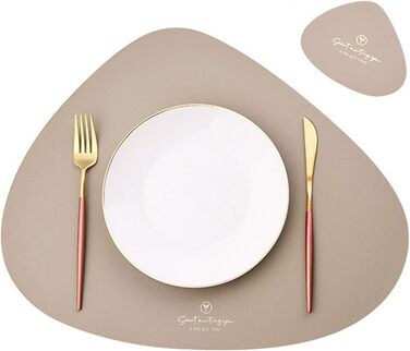 Set of 4/Set of 6 Placemats and Coasters, Triangle Oval Leather Table Sets, Water Droplet Wipeable Table Mat, Waterproof, Oil-Resistant, Non-Slip, Heat-Resistant Placemats (Beige, 6)