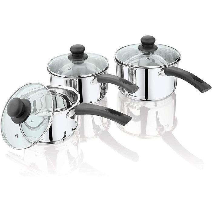 Каструля Penguin Home 18 см, 2 л, нержавіюча сталь, з скляною кришкою, для індукції, з двостороннім носиком, набір каструль і сковорідок, срібляста, 3 бакелітові ручки