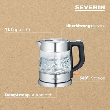 Електрочайник SEVERIN WK 3468, 1 л, скло та нержавіюча сталь, з фільтром від накипу, компактний, чорний
