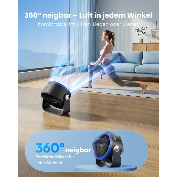 Портативний акумуляторний вентилятор Gaiatop з USB, 5 швидкостей, LED-дисплей, поворотний на 360°, для дому та офісу (блакитний)