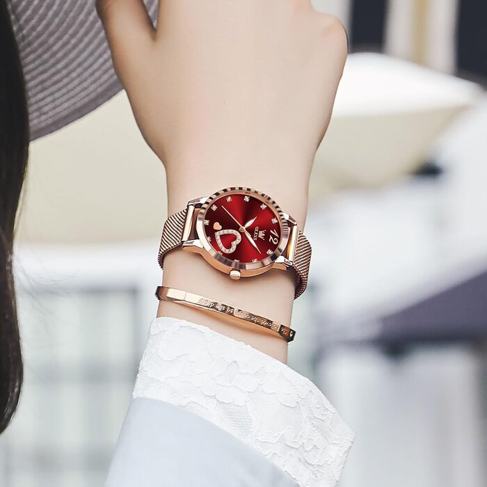 Годинник жіночий OLEVS Roségold: стильні годинники з нержавіючої сталі з мережевим ремінцем, ультратонкі, з діамантовим сердечком, водостійкі, рожеве золото