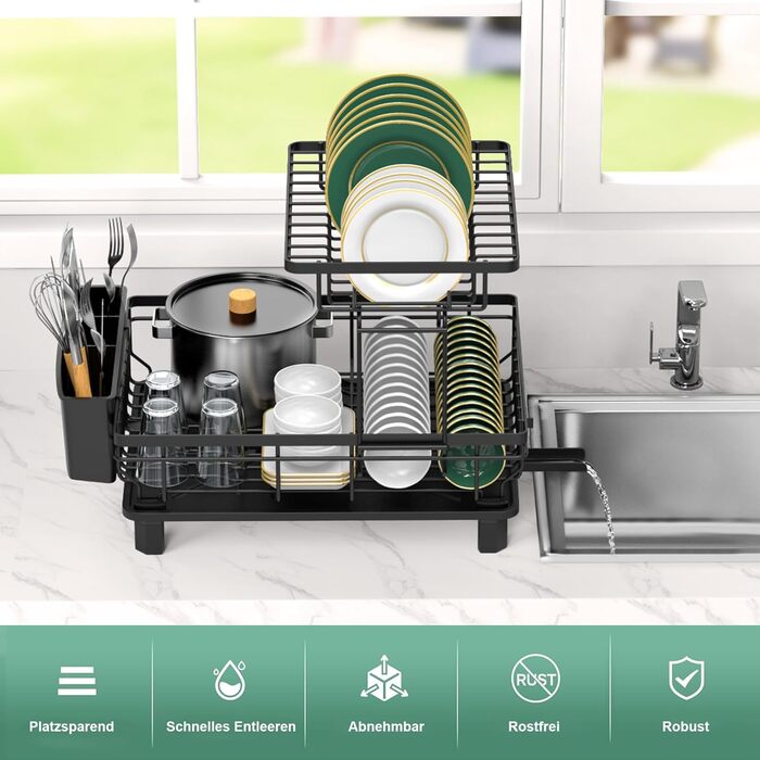 Підставка для посуду ROTTOGOON 2-ярусна, з нержавіючої сталі, чорна - органайзер для кухонних аксесуарів